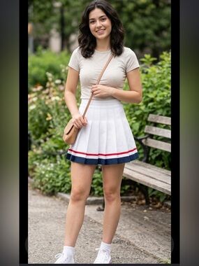 White Pleated Skater Skirt with Navy Hem and Red Stripe